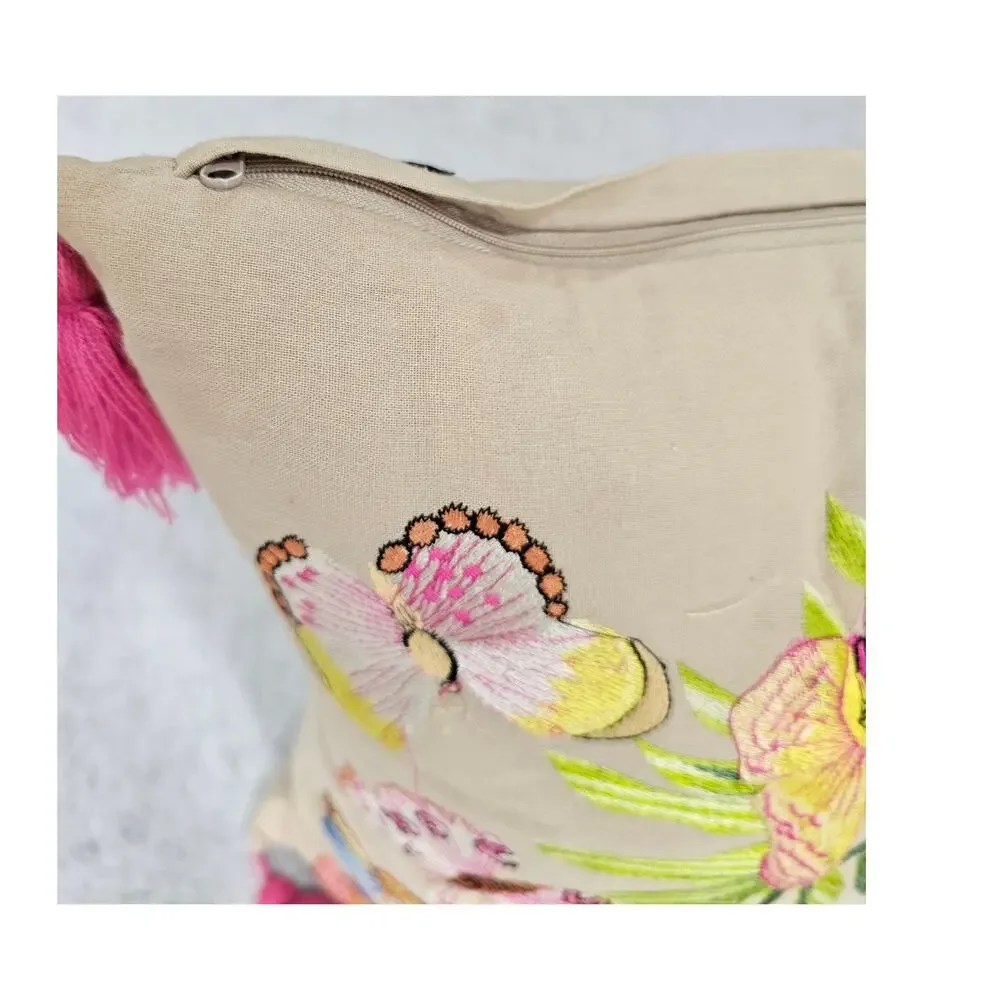 Magaschoni Home Embroidered Butterfly Throw Pillow, Pink Tassels, 18x18